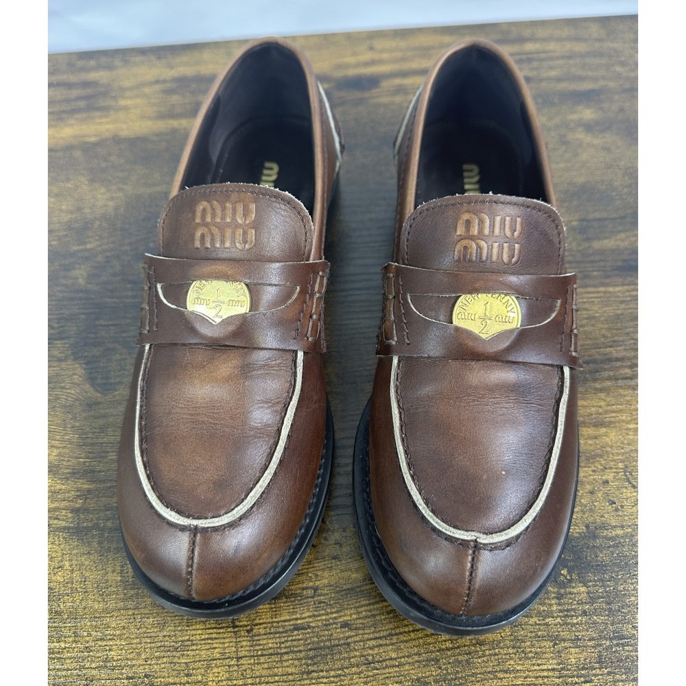 MIU MIU Vintage-Effect Leather Coin Penny Loafers Brown EU Size 37 US 7 - Picture 16 of 16